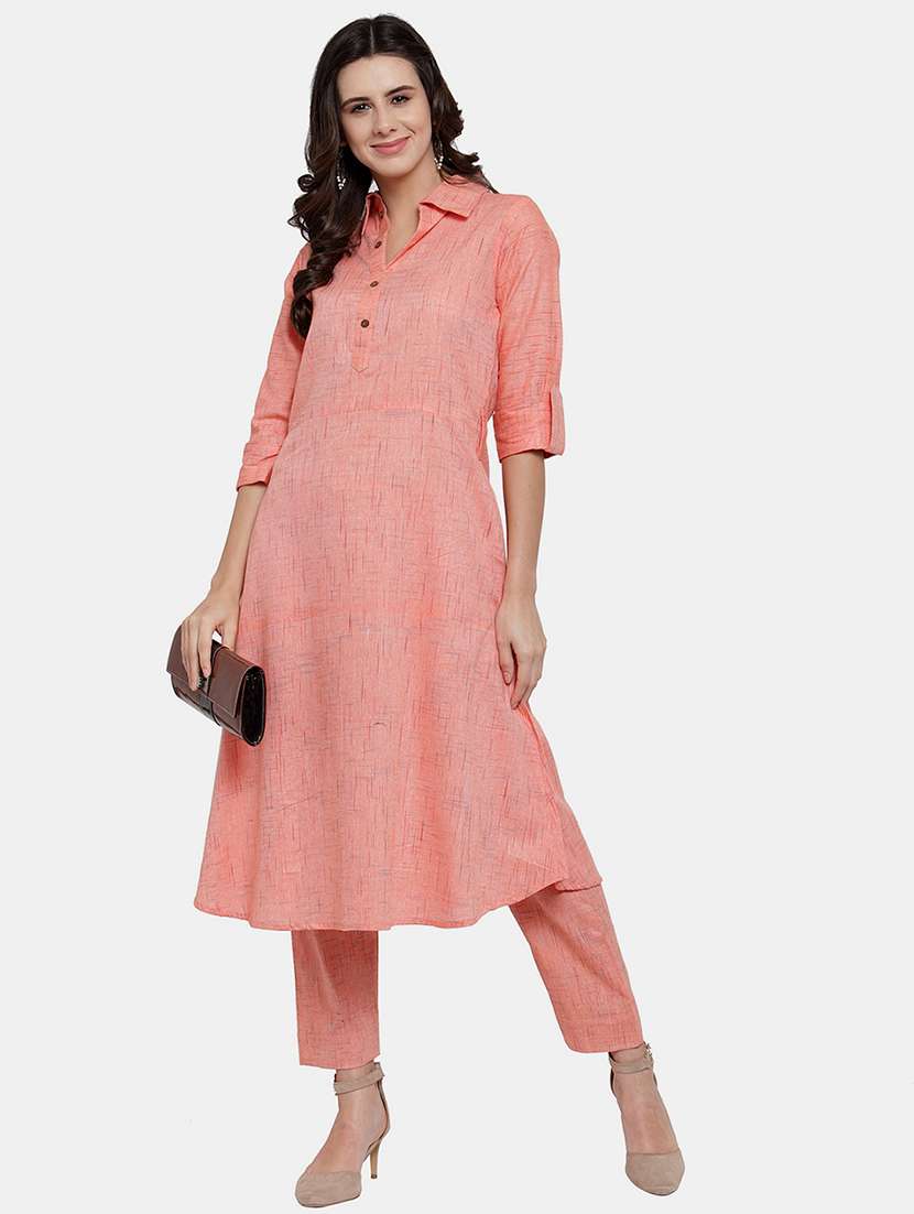 women solid three quarter sleeve kurta pant  set