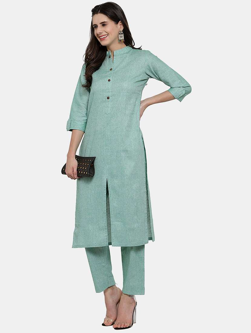 women solid three quarter sleeve kurta pant  set