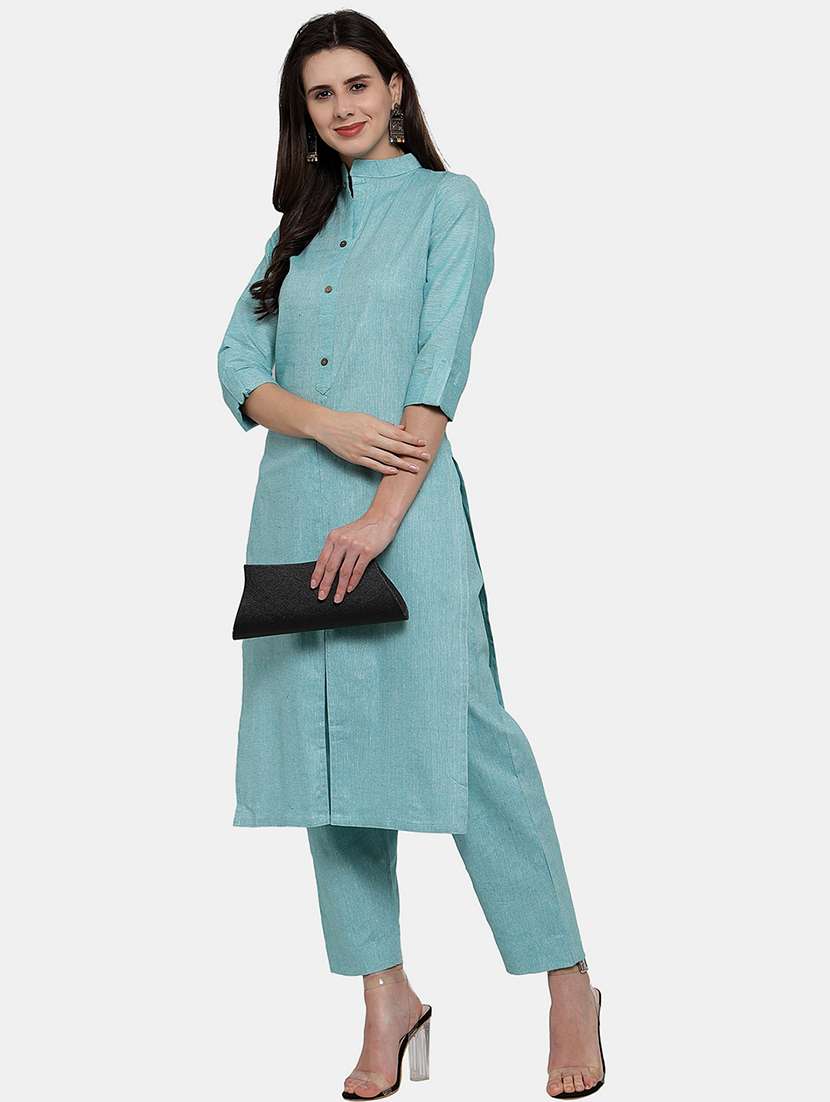 women solid three quarter sleeve kurta pant  set