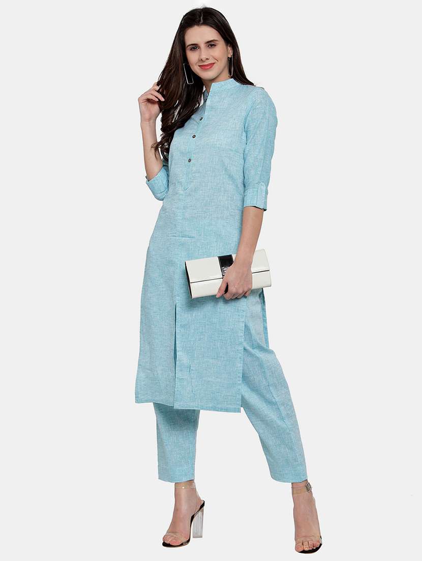 women solid three quarter sleeve kurta pant  set