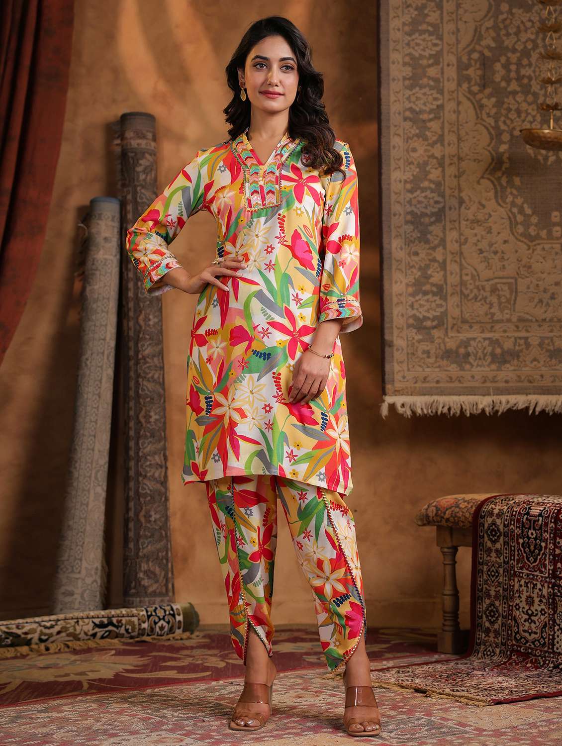 women floral printed three quarter sleeve dhoti kurta set