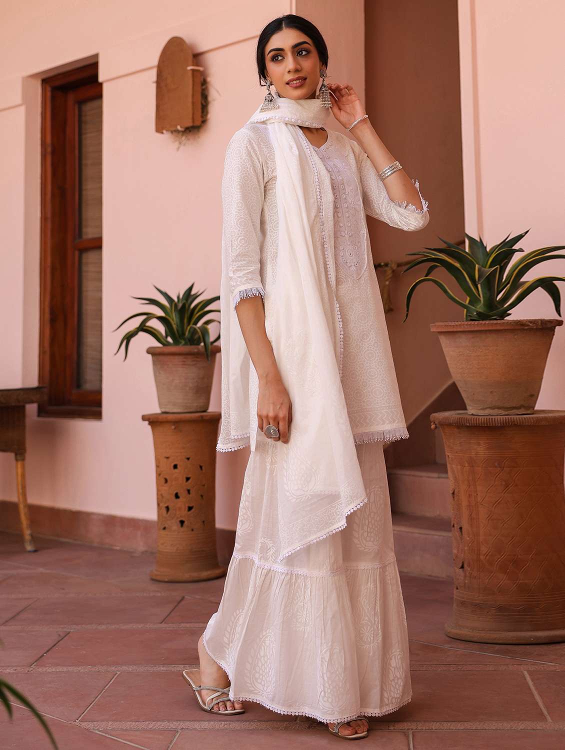 women three quarter sleeve kurta sharara with dupatta set - 21925597 -  Standard Image - 2