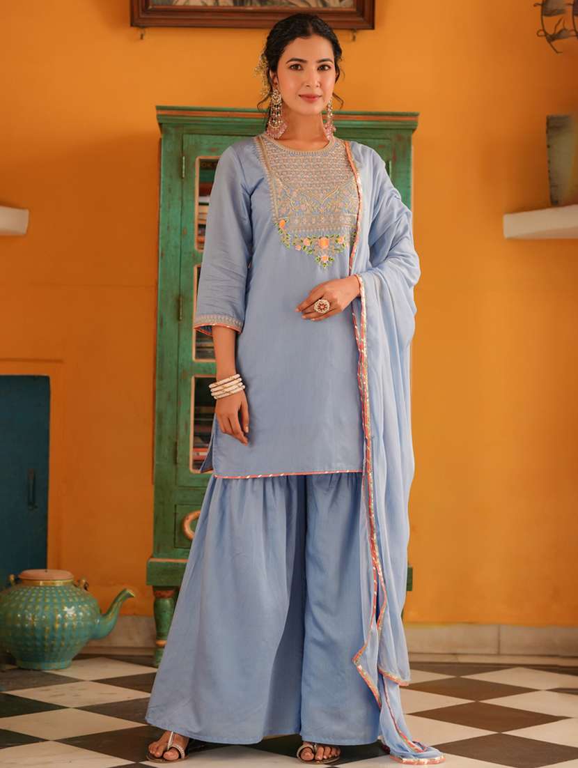 women three quarter sleeve kurta sharara with dupatta set
