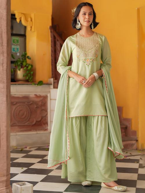women three quarter sleeve kurta sharara with dupatta set - 21925605 -  Standard Image - 0