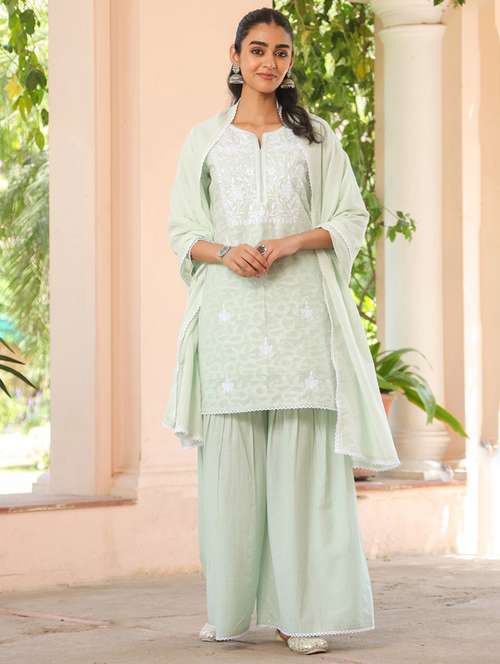women three quarter sleeve kurta sharara with dupatta set - 21925632 - Standard Image - 0