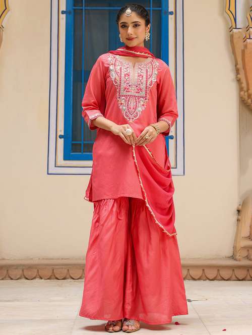 women three quarter sleeve kurta sharara with dupatta set - 21925636 - Standard Image - 0