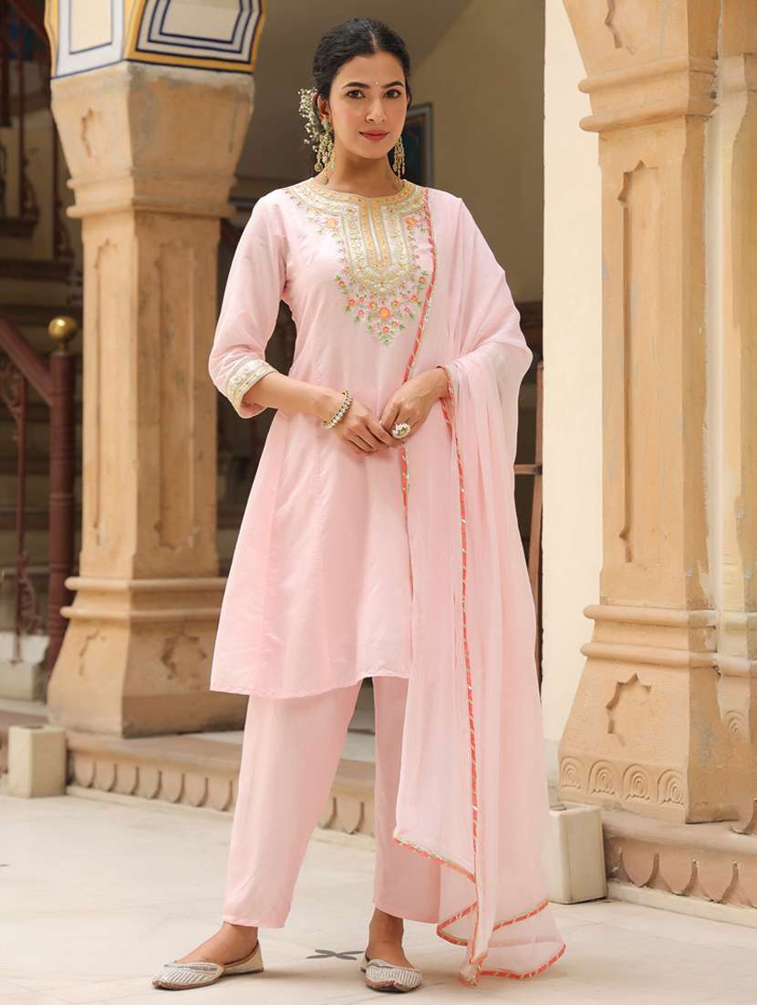 women three quarter sleeve anarkali kurta pant with dupatta set