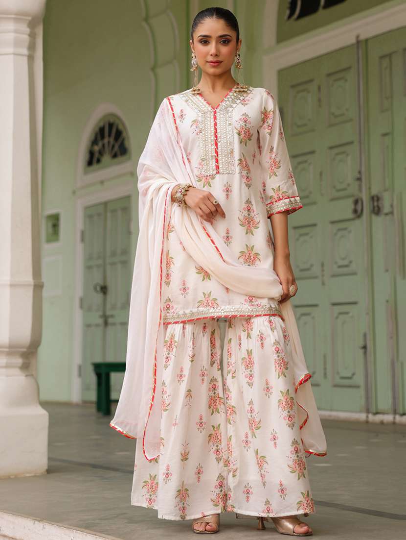 women three quarter sleeve kurta sharara with dupatta set