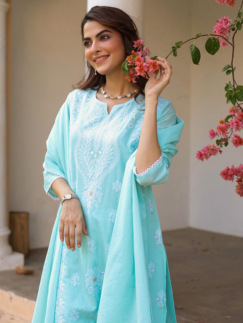 women three quarter sleeve kurta pant with dupatta set - 21925647 - Standard Image - 2