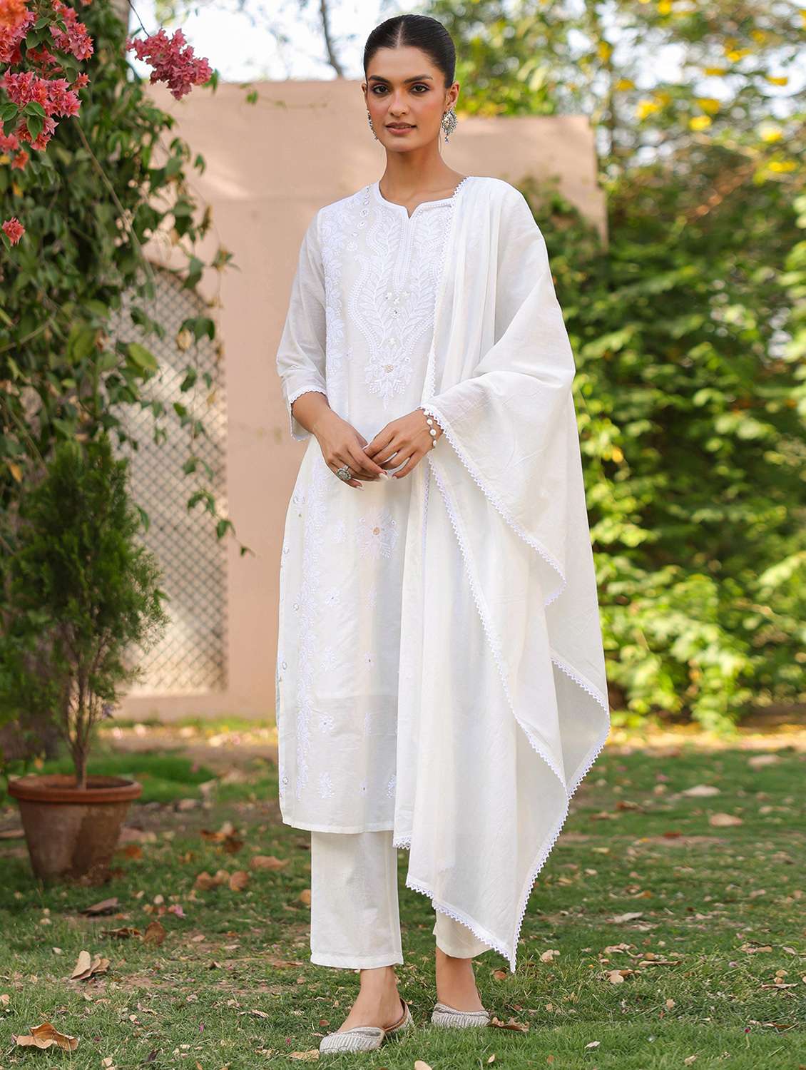 women three quarter sleeve kurta pant with dupatta set