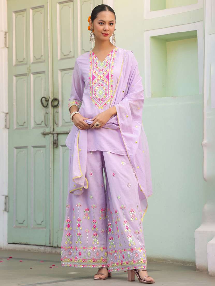 women three quarter sleeve kurta palazzo with dupatta set