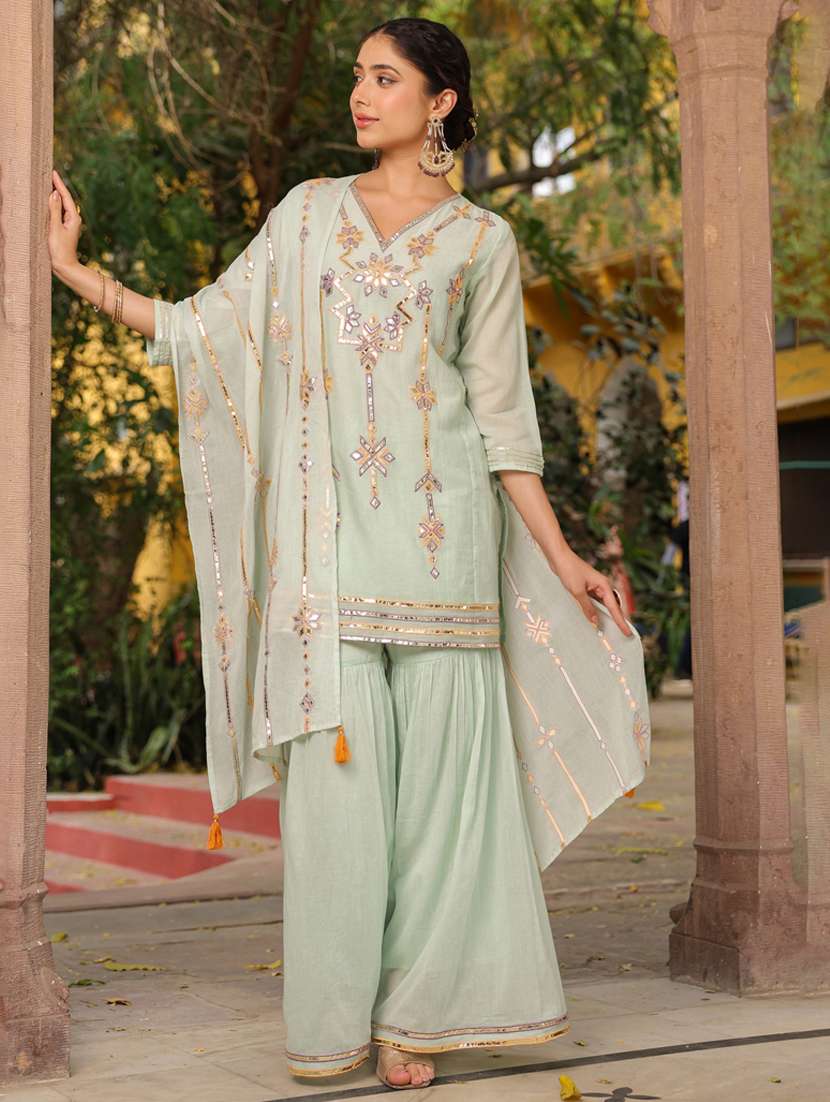 women three quarter sleeve kurta sharara with dupatta set
