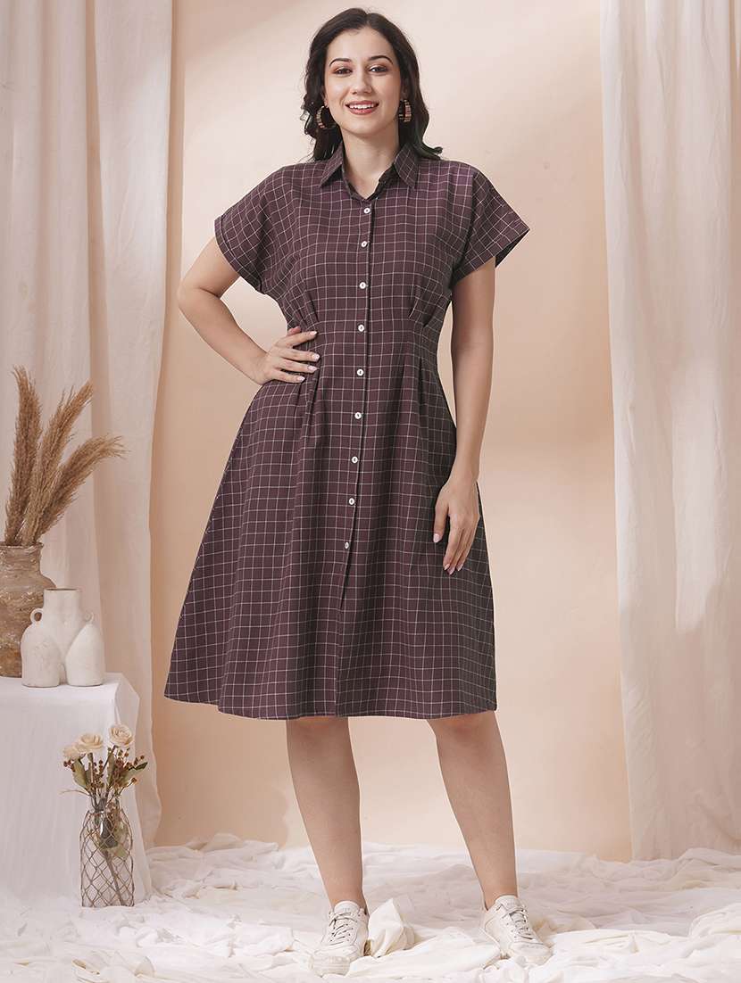 women checkered collared short sleeves shirt dress
