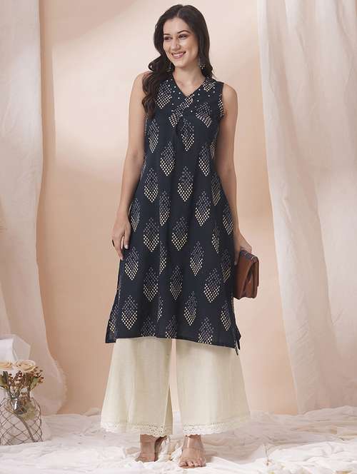 women navy blue printed sleeveless a-line kurta - 21925775 -  Standard Image - 0