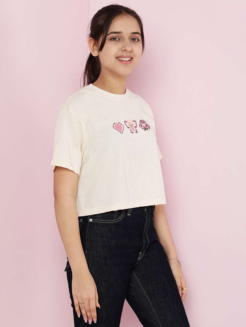 girls printed round neck crop tee - 21925814 -  Standard Image - 2