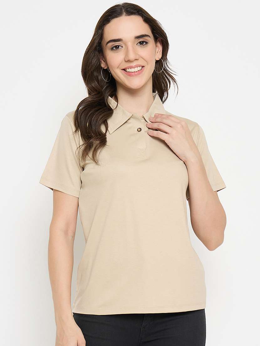 beige cotton blend plain tshirt