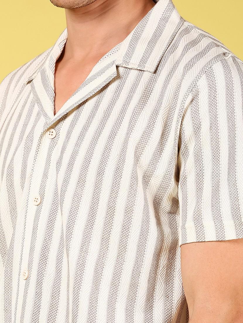 men striped cuban collaed short sleeve casual shirt - 21926046 - Standard Image - 2