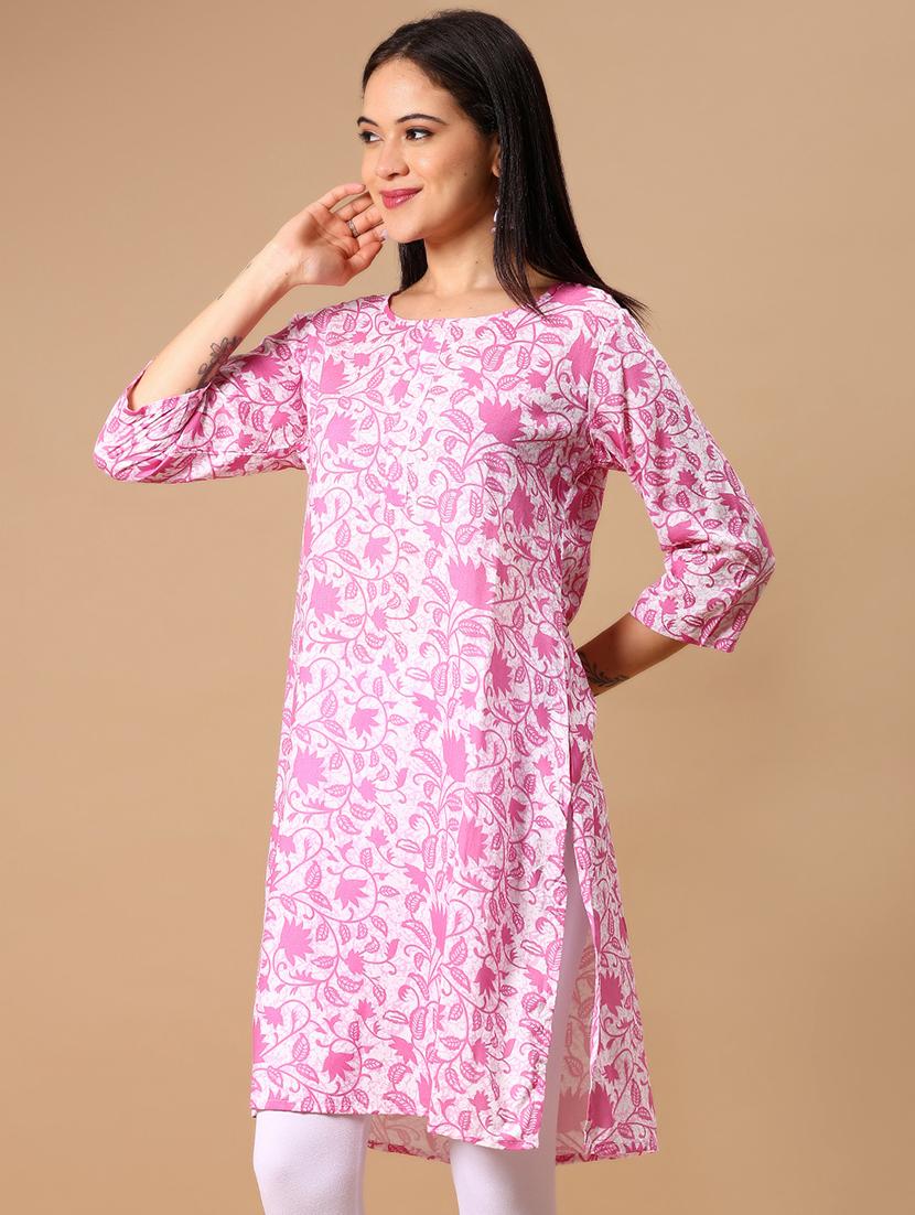 womne pink printed round neck straight kurta - 21926071 - Standard Image - 2