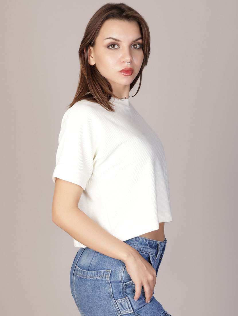 women white solid short sleeve crop top - 21926140 - Standard Image - 2