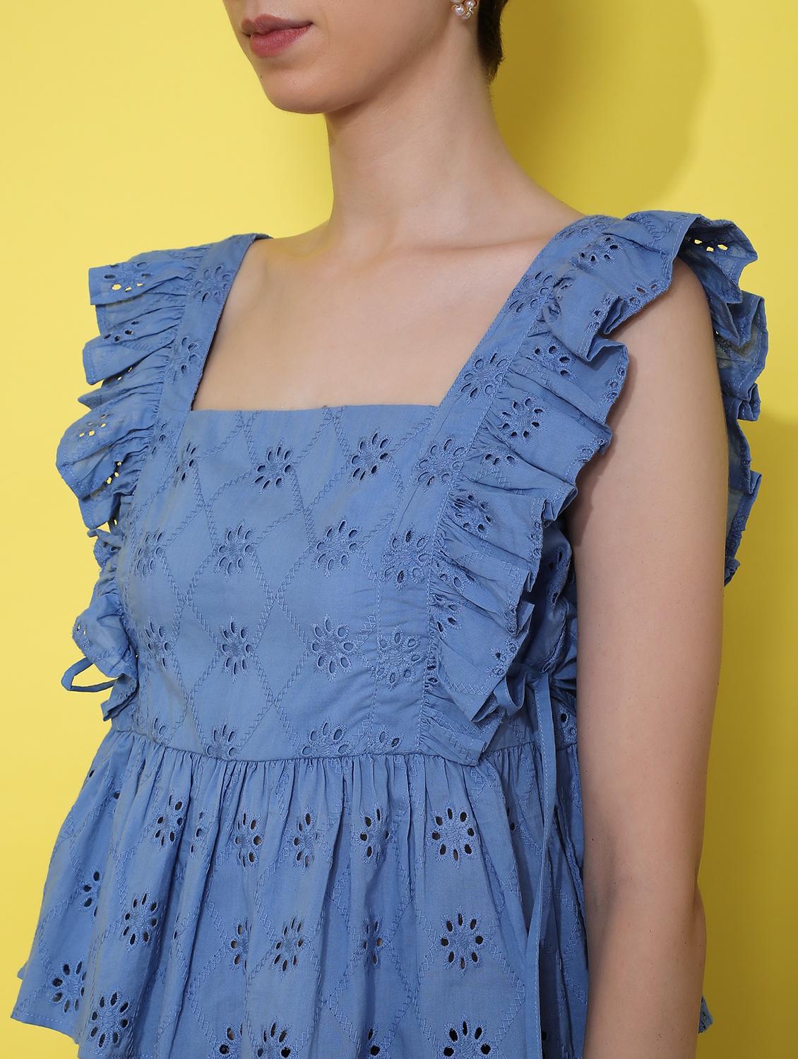 women blue solid sleevelelss schiffli peplum top - 21926161 - Standard Image - 2