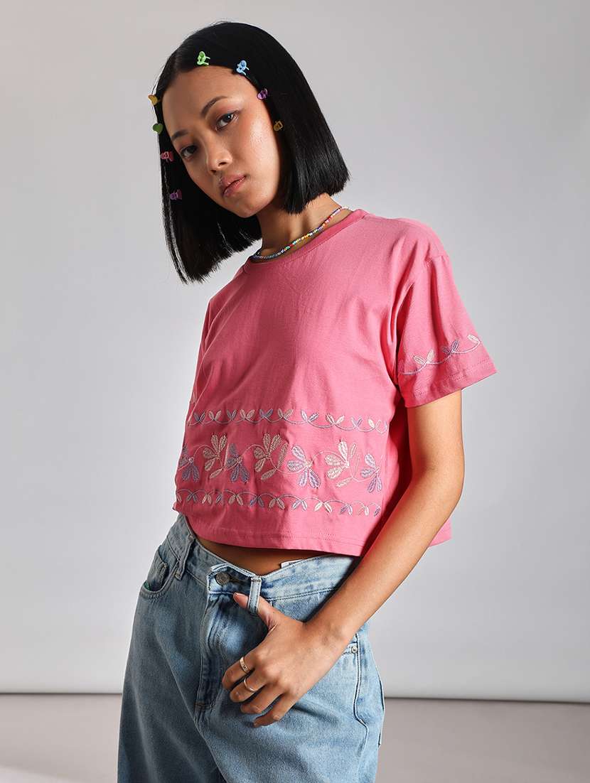 women pink embroidered short sleeve regular top - 21926162 -  Standard Image - 2