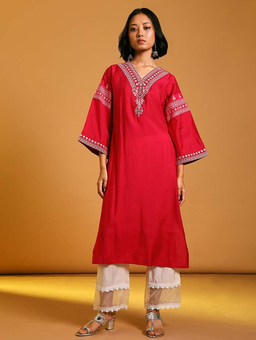 women embroidered bell sleeve straight kurta 