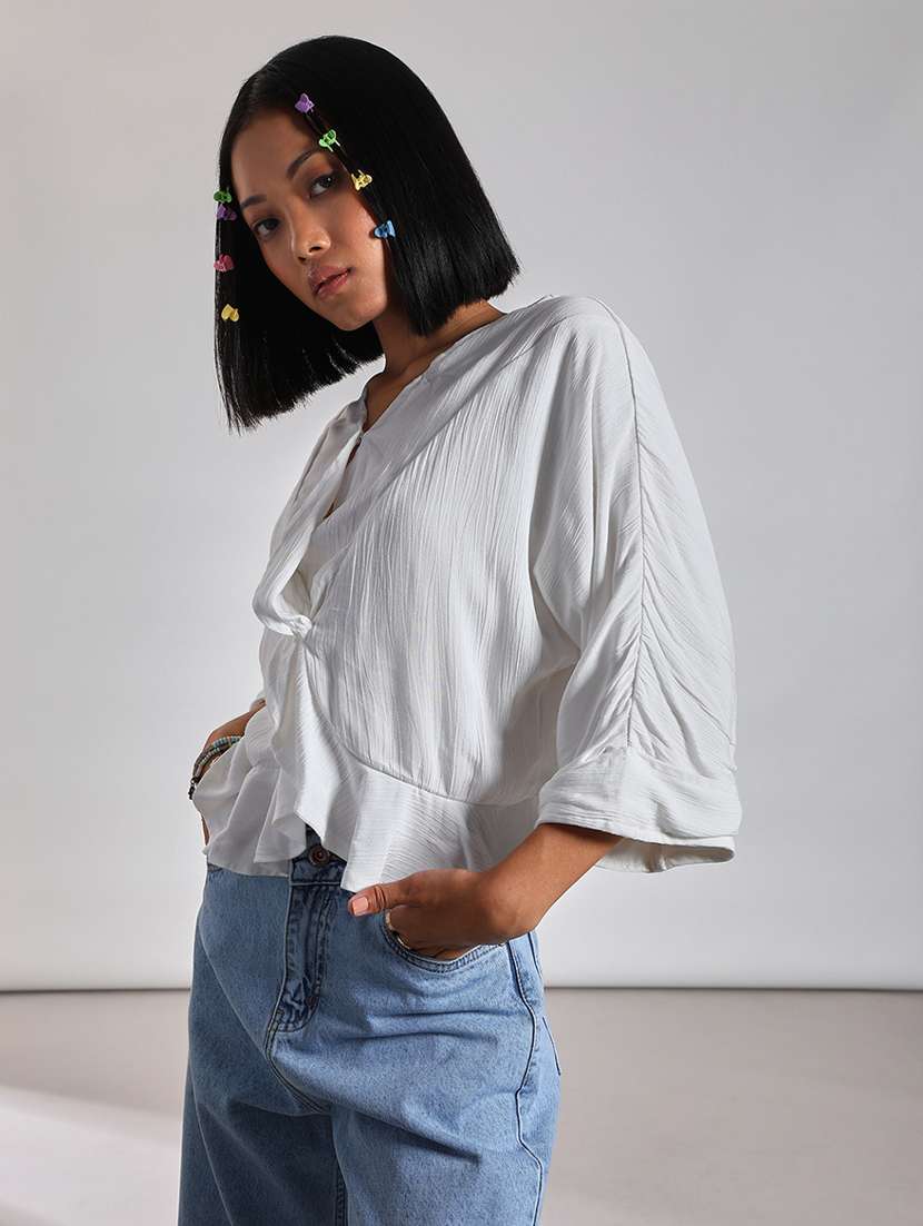 women solid batwing sleeve ruffle top - 21926211 - Standard Image - 2