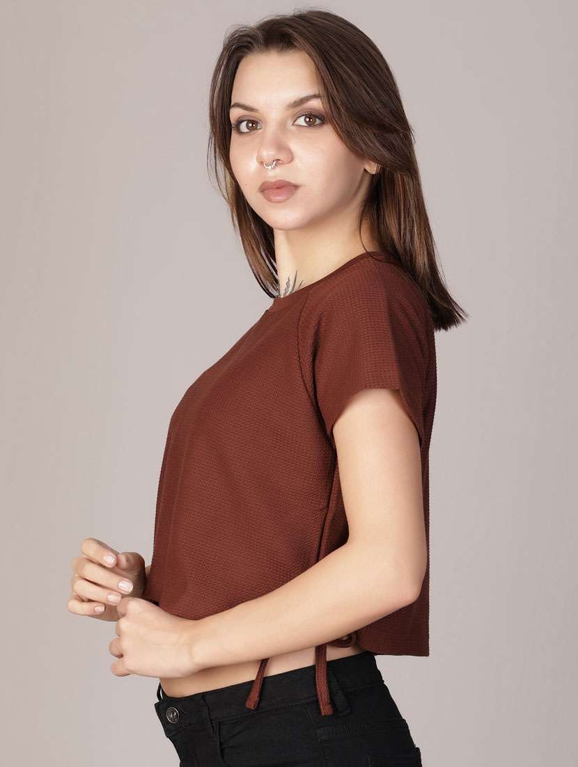 women solid short sleeve crop top - 21926213 - Standard Image - 2
