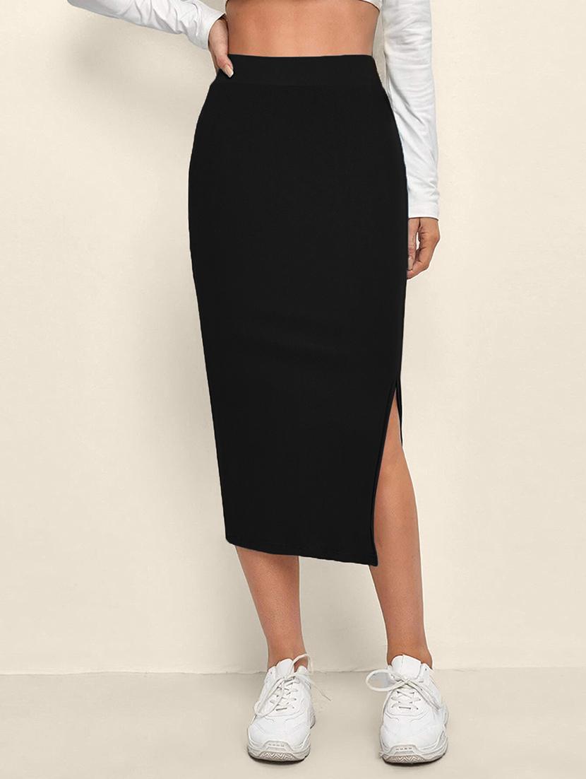 women black solid high rise bodycon skirt - 21926643 -  Zoom Image - 0
