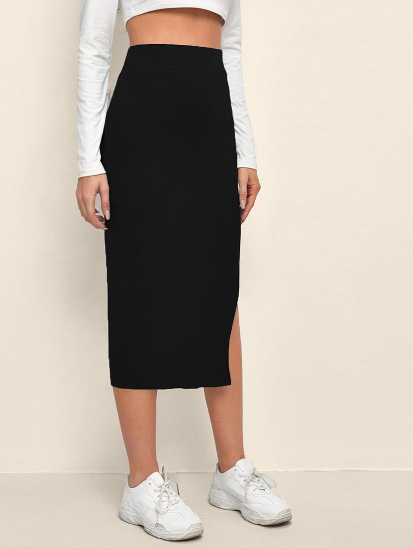 women black solid high rise bodycon skirt - 21926643 - Standard Image - 2