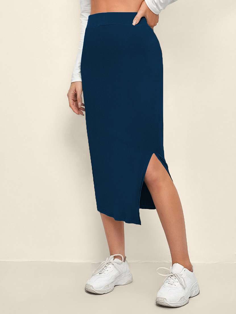 women solid high rise bodycon skirt