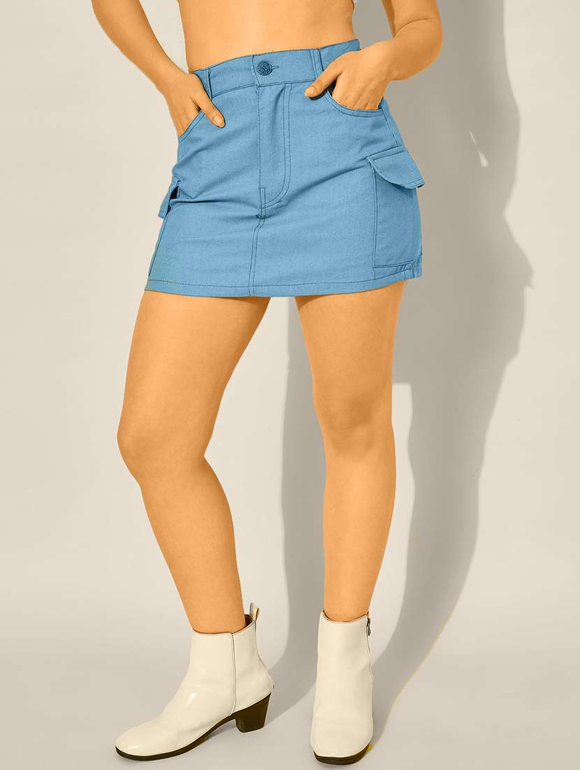 women solid high rise denim cargo skirt