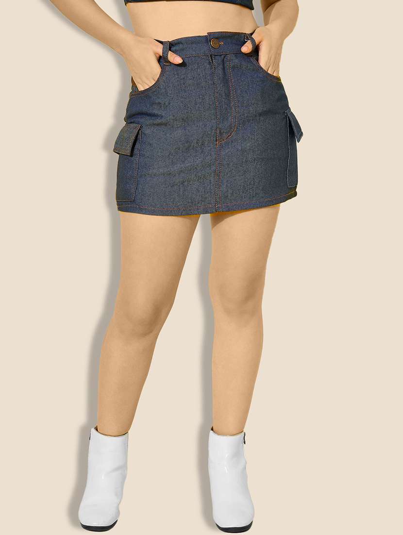 women solid high rise denim cargo skirt