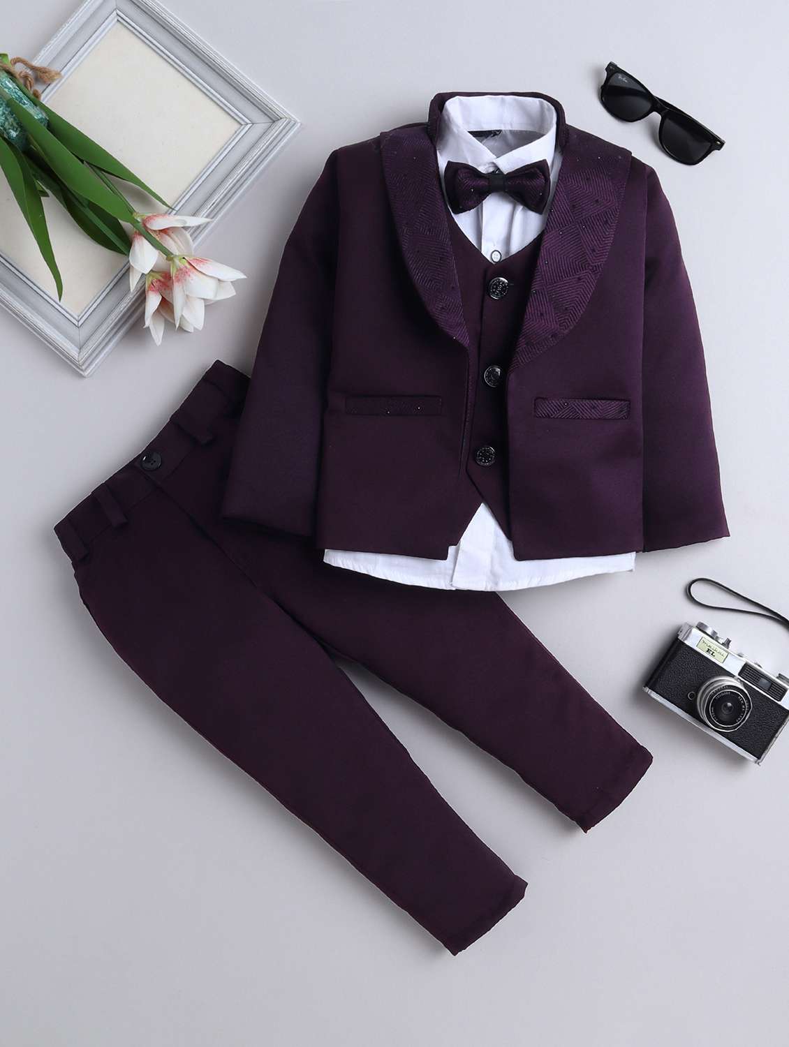 boys solid long sleeve three piece suit set
