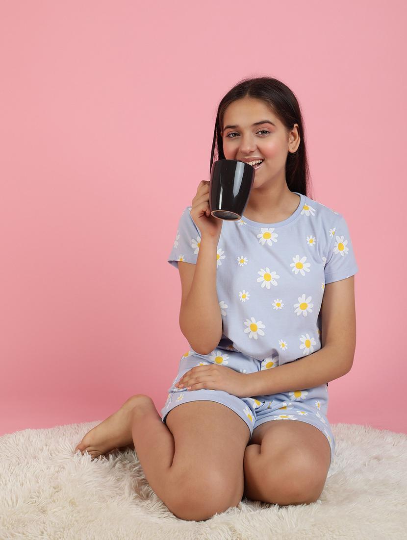 girls printed round neck shorts set nightwear - 21926720 - Standard Image - 2