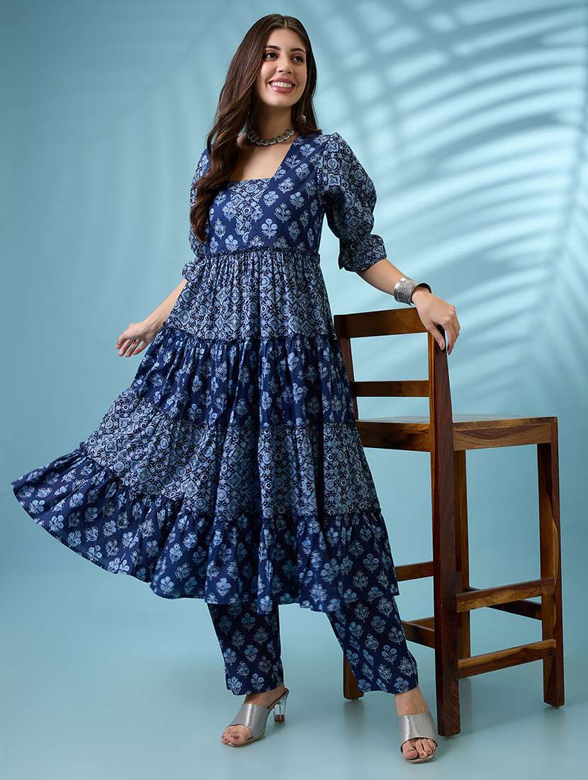 women blue square neck puff sleeves ethnic print tiered a-line kurta with straight pants set