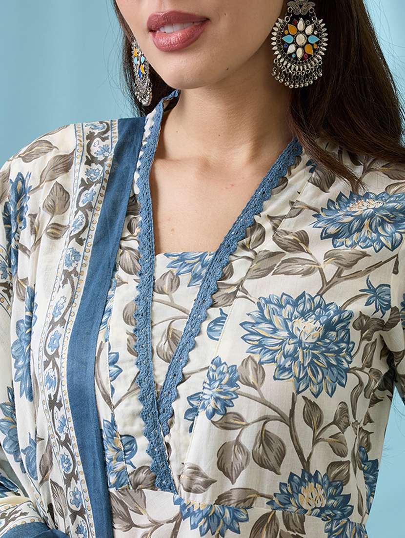 women blue all over floral printed v-neck lace insert anarkali kurta with pant & dupatta set - 21926731 -  Standard Image - 2