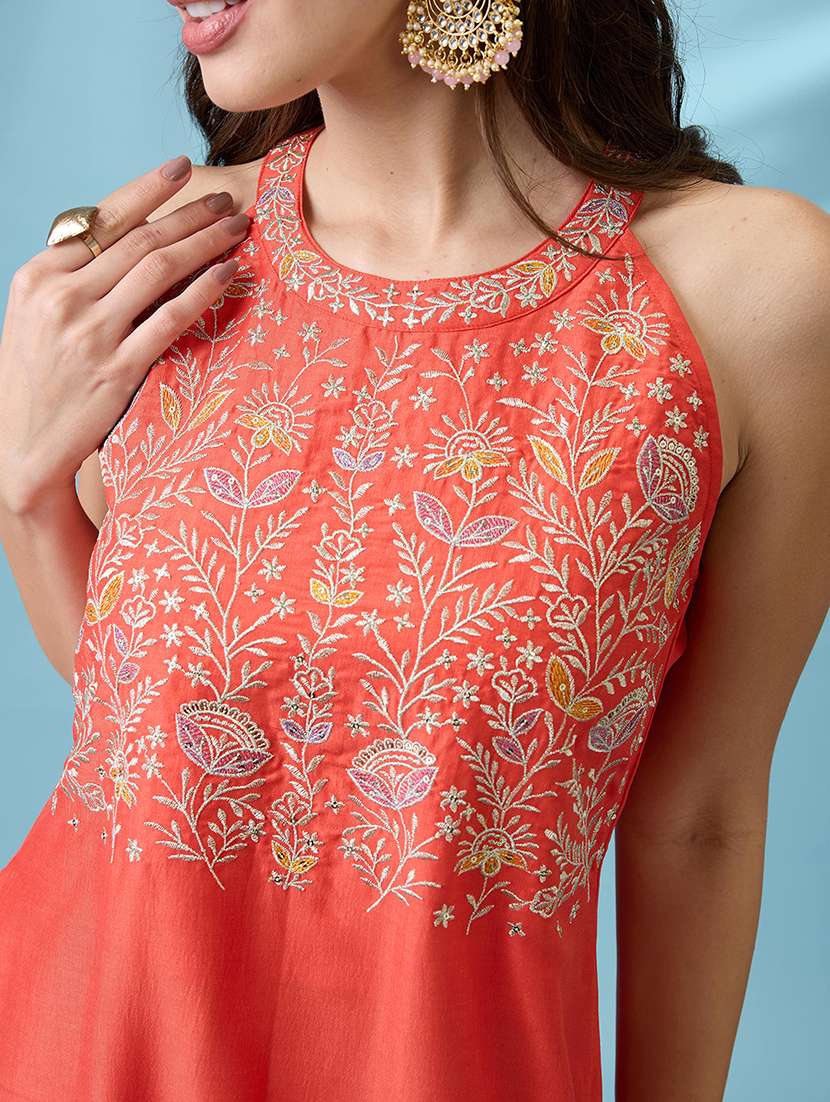 women orange floral embroidered yoke halter neck a-line kurta with straight pants festive set - 21926732 -  Standard Image - 2