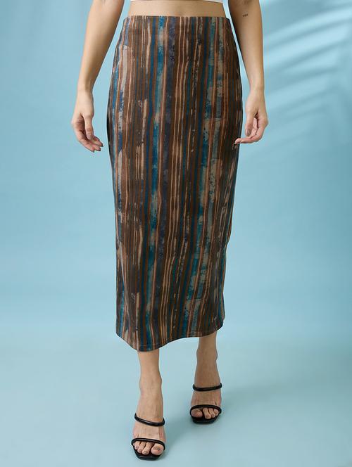 women multi color high rise stretchable hazzy print back slit workwear midi pencil skirt - 21926733 -  Standard Image - 0