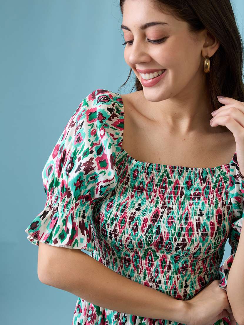 women multicolour ikat print square neck puff sleeves smocked tiered fit & flare maxi dress - 21926738 - Standard Image - 2