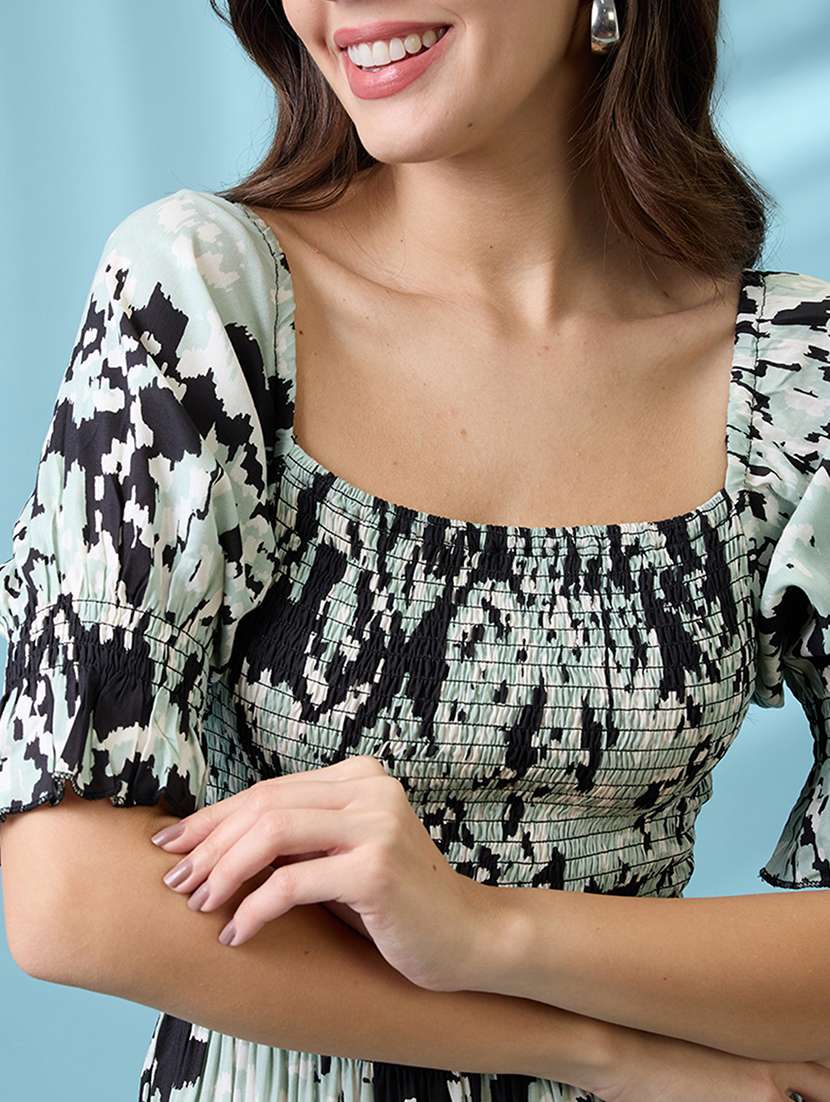 women black abstract printed square neck puff sleeves smocked tiered fit & flare maxi dress - 21926739 - Standard Image - 2