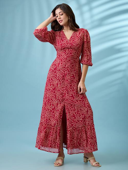 women pink tropical printed v-neck neck puff sleeves front slit tiered fit & flare maxi dress - 21926740 -  Standard Image - 0