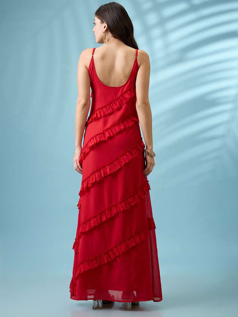 Women Red Scoop Neck Strappy Sleeves Ruffle Detail Georgette A Line Maxi Party Dress