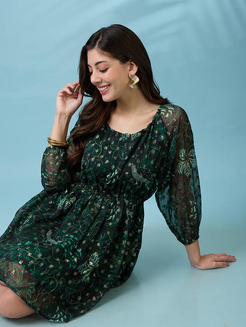 women green reglan sleeves stylized back floral printed lurex detail fit & flare mini georgette party dress - 21926744 -  Standard Image - 0