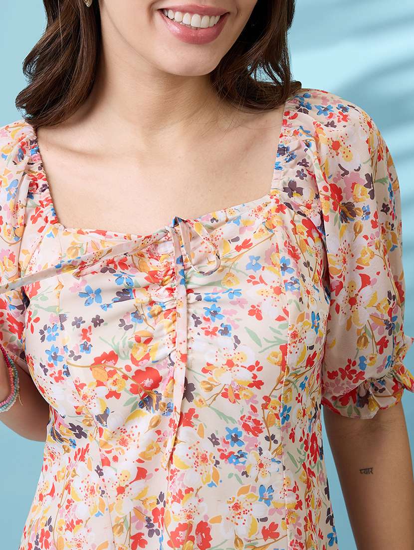 women white all over floral printed  square neck puff sleeves ruched detail georgette ruffle hem mini party dress - 21926746 -  Standard Image - 2