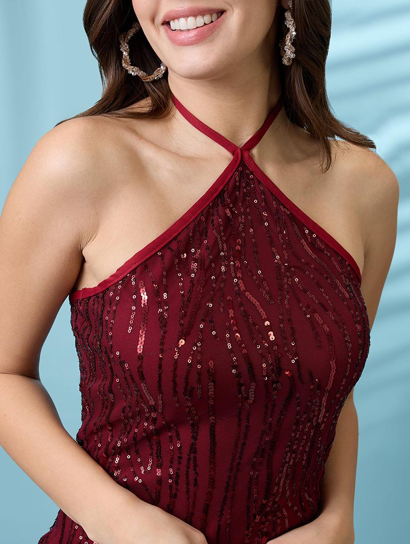 women maroon tie-back halter neck sequinned mini bodycon party dress - 21926747 - Standard Image - 2