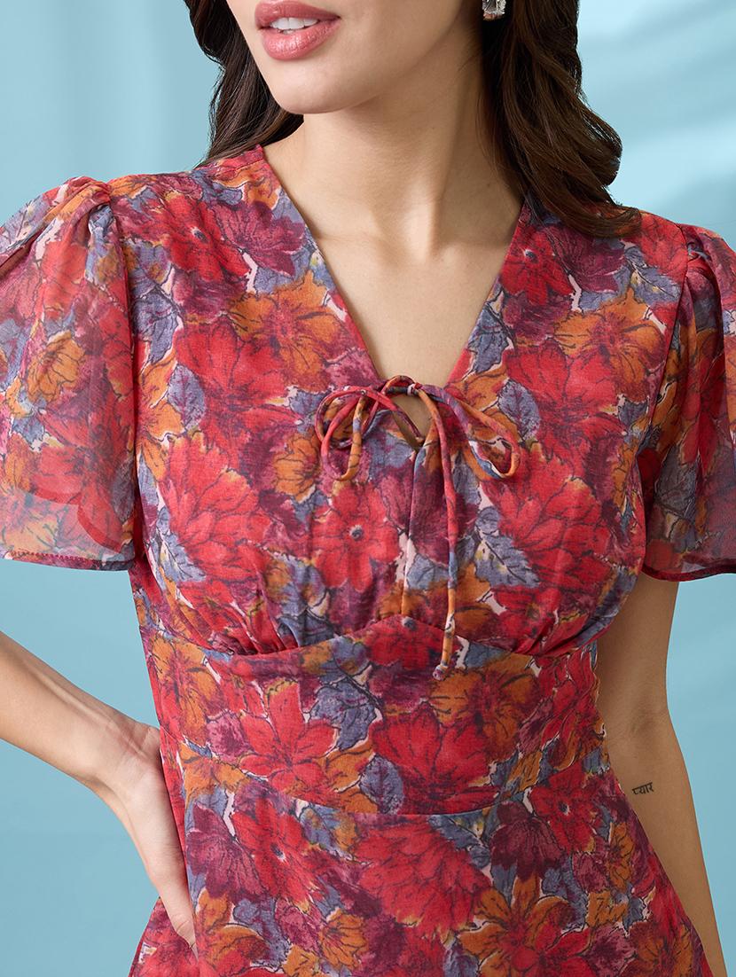 women pink allover floral printed v-neck flared sleeves frilled hem sheath mini dress - 21926749 - Standard Image - 2