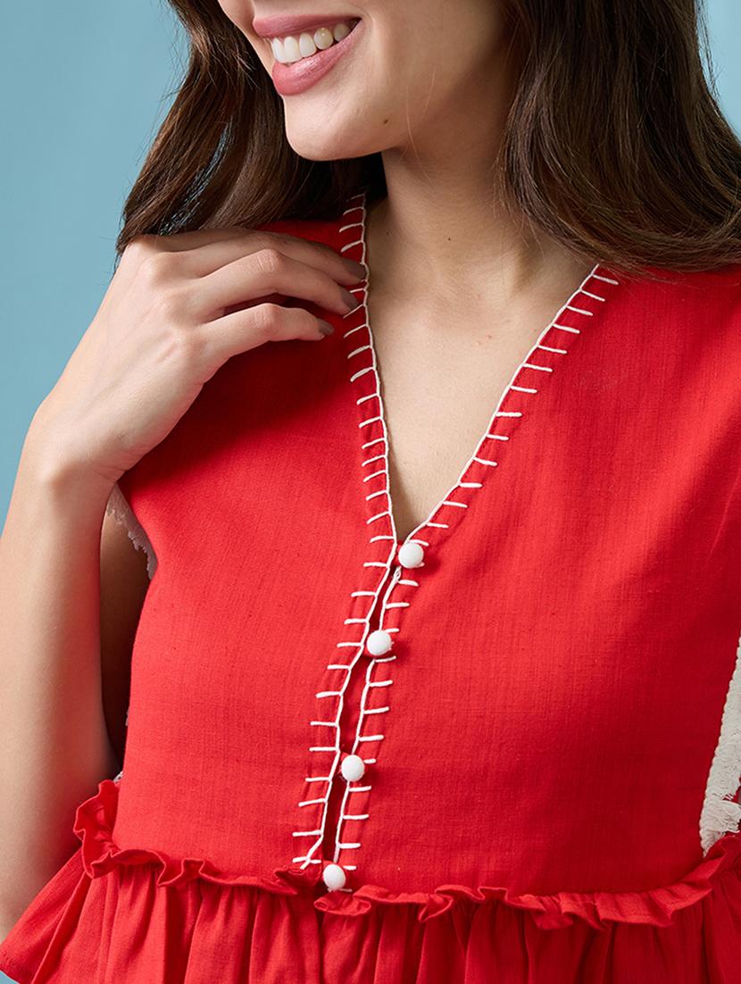 women red v-neck thread work detail & lace inserts pleated crop top - 21926751 - Standard Image - 2
