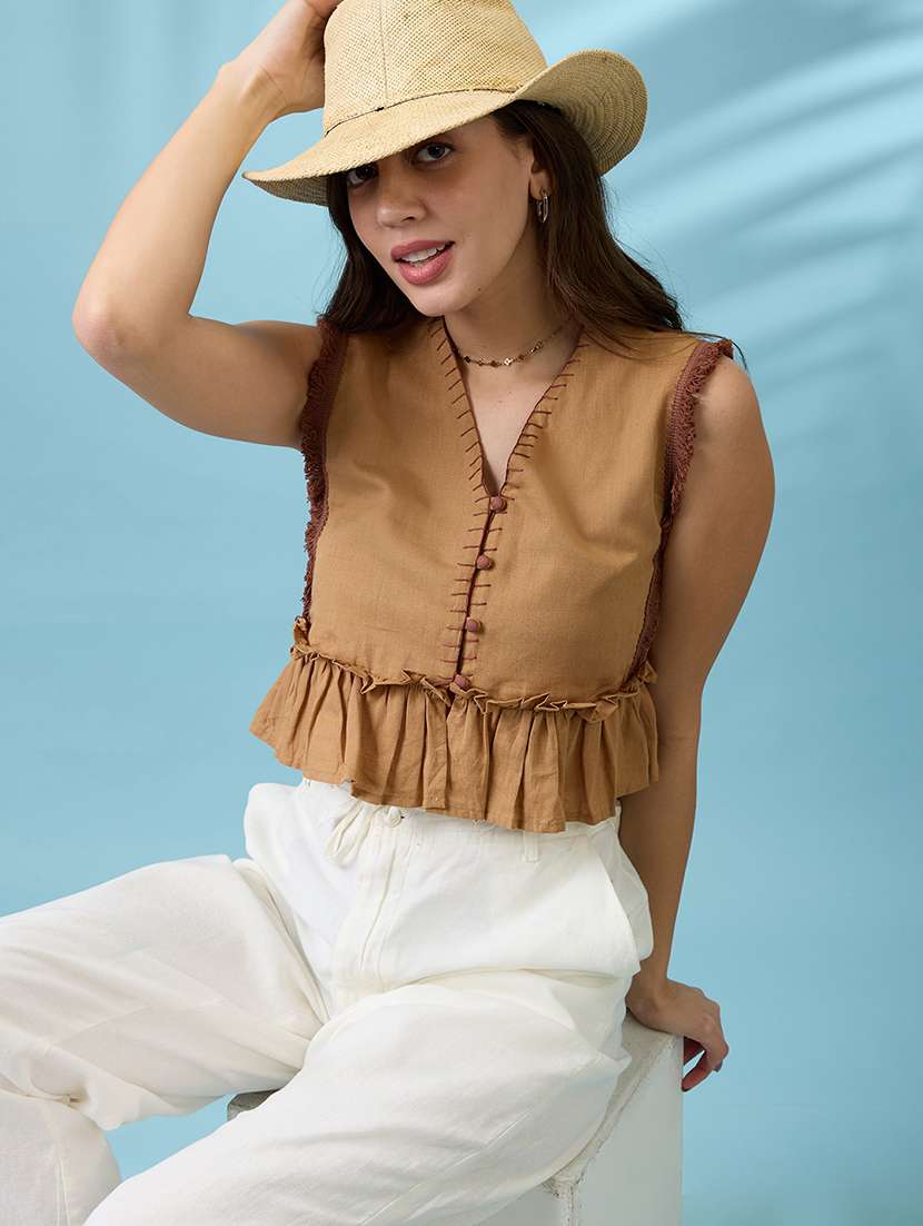 women beige v-neck thread work detail & lace inserts pleated crop top