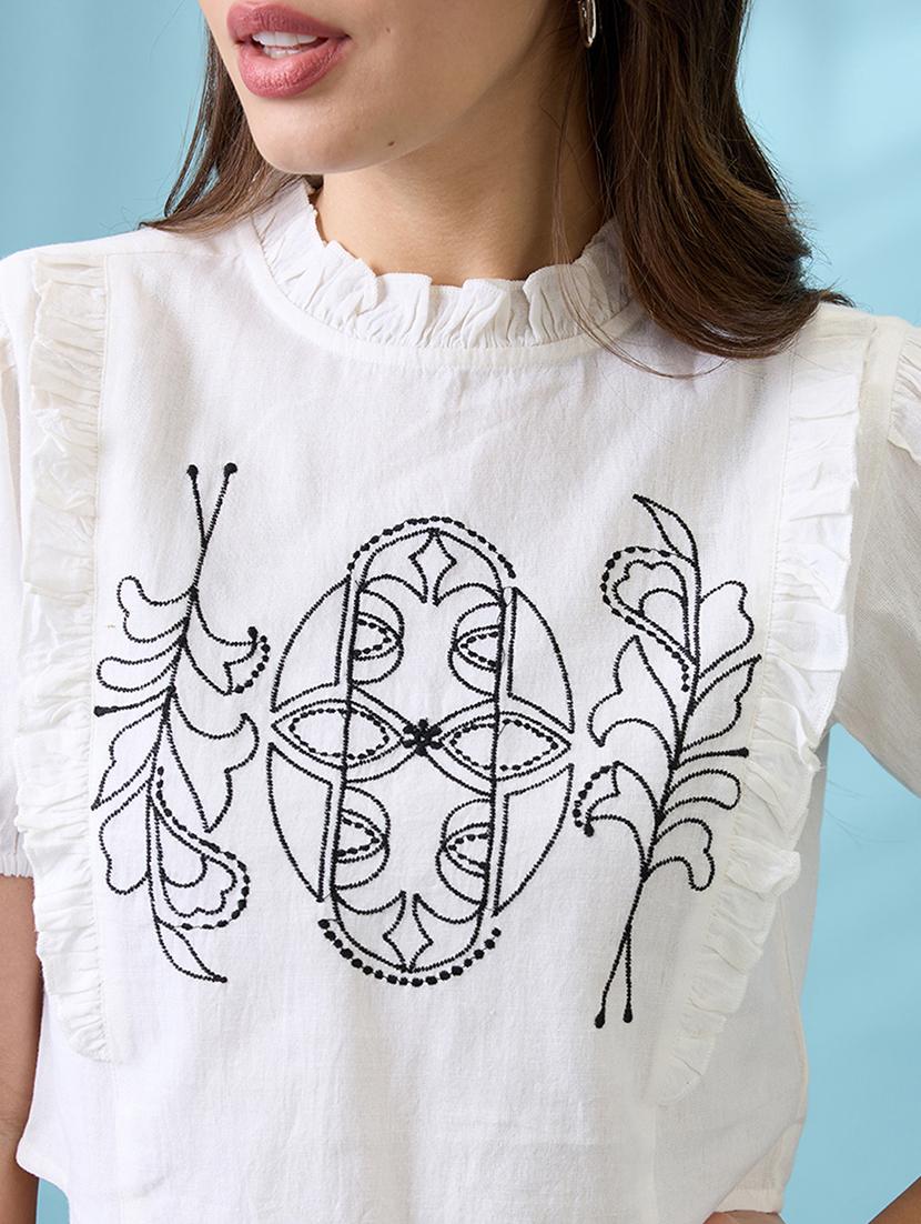 women white high neck puff sleeves frills & embroidered detail crop top - 21926754 - Standard Image - 2
